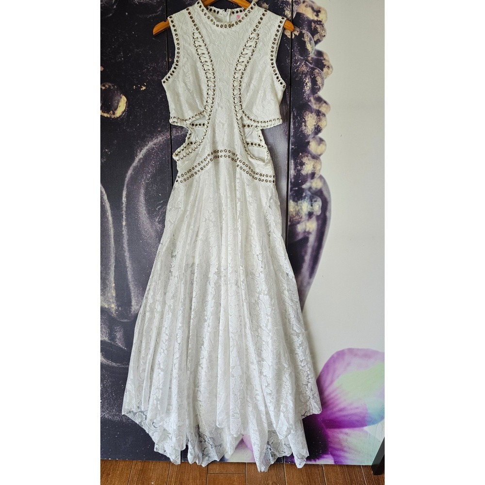 White Lace Maxi Dress with Stud Detail - Brand